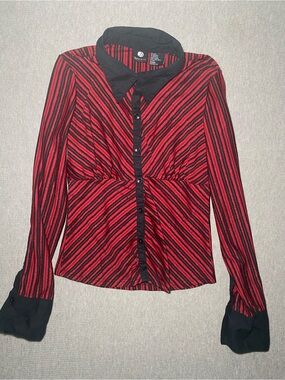 Anxiety Vintage Y2K Red Black Diagonal Striped Blouse Shirt Button Up Medium
